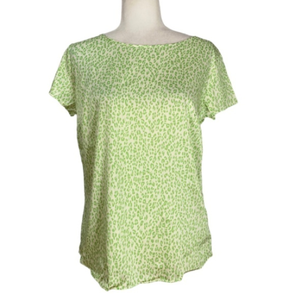 Rocco Ragni Animal Print Crew Neck Short Sleeve Silky Top Made in Italy in Lime - Picture 9 of 11
